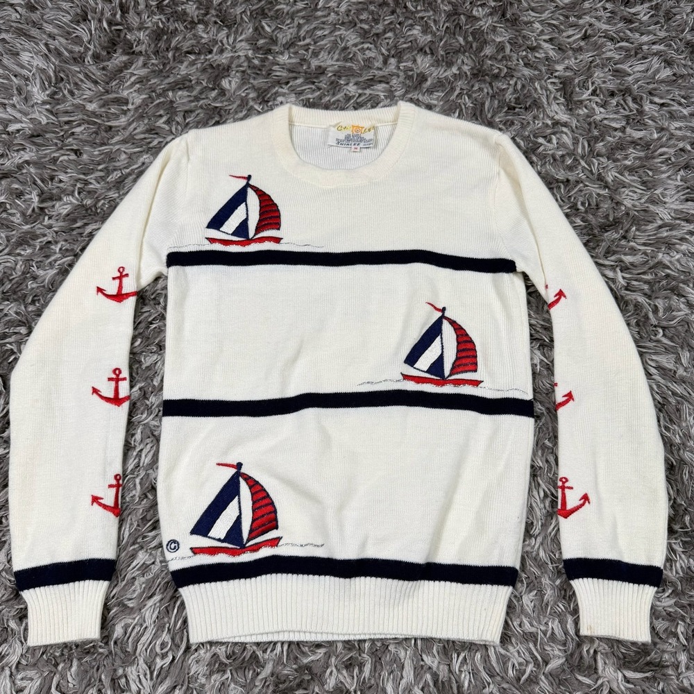 Vintage Cyn Les Shirlee Design Nautical Sailboat Anchor Knit Sweater Womens M